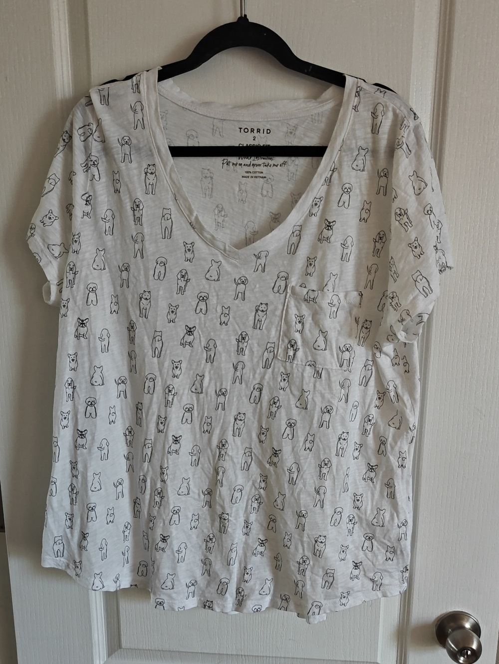 Torrid White V-Neck Pocket Tee with Black Dog Sketch Print